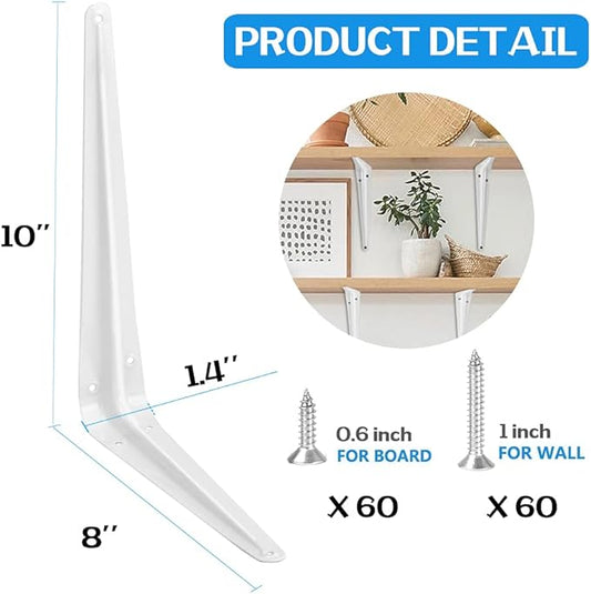 20 Pack Shelf Brackets 10 Inches White, Heavy Duty Steel Metal L Brackets for Shelves, J Brackets Wall Angel Corner Brace for Wood Board