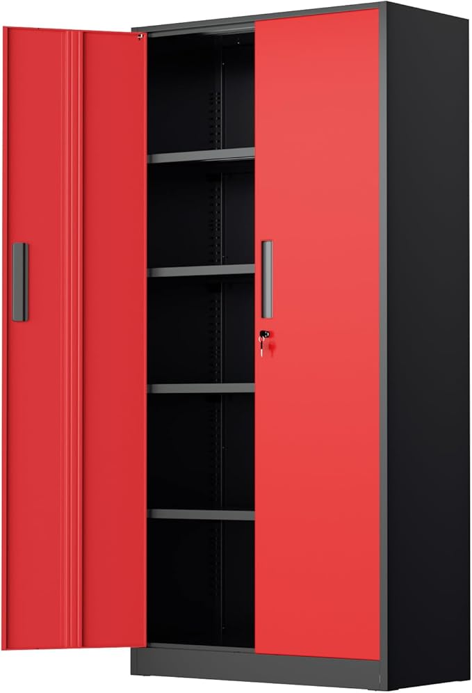 SUNCROWN 72" Metal Storage Cabinet - Heavy-Duty Metal Garage Cabinet with 4 Adjustable Shelves & 2 Doors for Tools, Office, Home, Workshop,Black & Red-Small