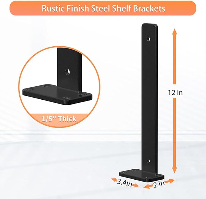 Floating Shelf Brackets upgraded,12 inch, Black Heavy Duty Iron Shelf Brackets, Industrial Modern Floating Shelf Support for Wall Mount Shelves,Wide Brackets ,4 Pack, Support DIY(5mm Thickening Type).