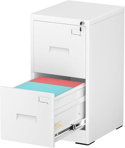INTERGREAT 2 Drawer File Cabinet, White Metal Filing Cabinet with Lock, Lockable Vertical File Office Cabinet for Hanging Letters/Legal/A4, Assembly Required