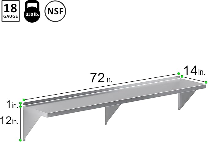 Stainless Steel Wall Shelf | Square Edge | Metal Shelving | Heavy Duty | Commercial Grade | Wall Mount | NSF Certified (14" Width x 72" Length)