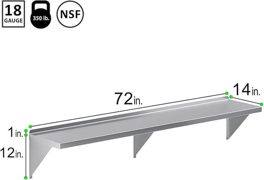 Stainless Steel Wall Shelf | Square Edge | Metal Shelving | Heavy Duty | Commercial Grade | Wall Mount | NSF Certified (14" Width x 72" Length)