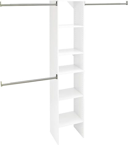 ClosetMaid SuiteSymphony Wood Closet Organizer Starter Kit with Tower and 3 Hang Rods, Shelves, Adjustable, Fits Spaces 4 – 9 ft. Wide, Pure White