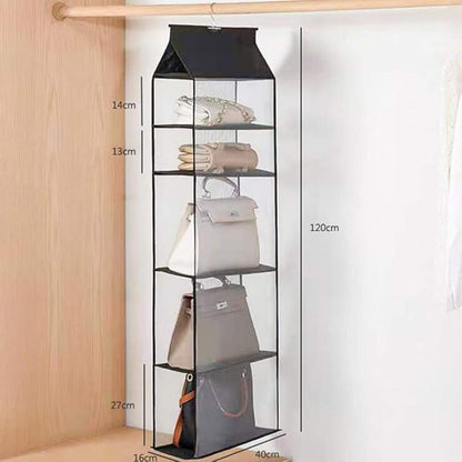 Improved Closet Handbag Purse Holder with 5 Large Heavy-Duty Mesh Shelves, Space Saving Hanging Handbag Storage Tote Bag Organizer Holder for Wardrobe Closet(Black)