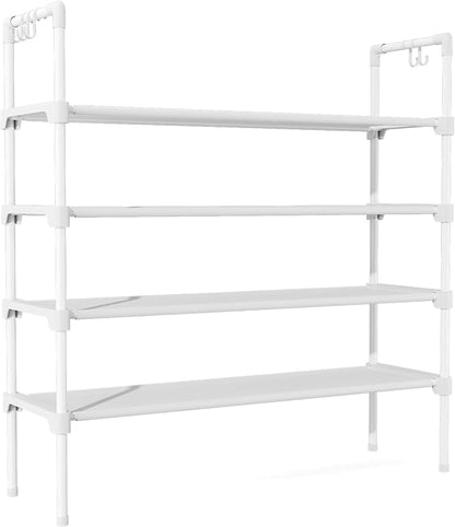 4 Tier Shoe Rack for Closet Shoe Organizer with 5 Hooks, Long Shoe Shelf Storage for Shoe and Boot Stackable Free Standing Shoe Rack for Entryway, Garage, Small Spaces, Dorm, White