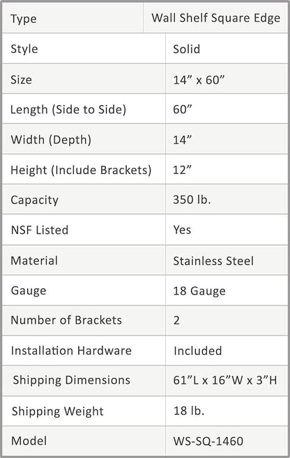 Stainless Steel Wall Shelf | Square Edge | Metal Shelving | Heavy Duty | Commercial Grade | Wall Mount | NSF Certified (14” Width x 60” Length)