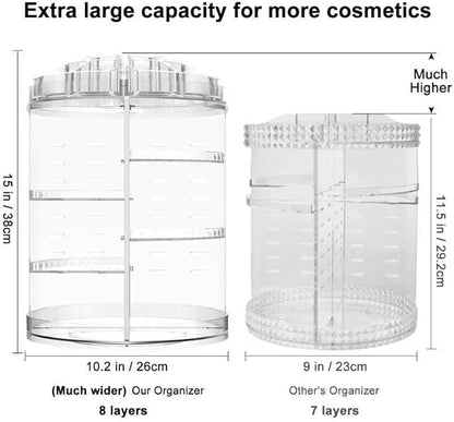 Makeup Organizer, 360 Degree Rotating Adjustable Cosmetic Storage Display Case with 8 Layers Large Capacity, Fits cosmetics, Makeup Brushes, Lipsticks and More, Clear