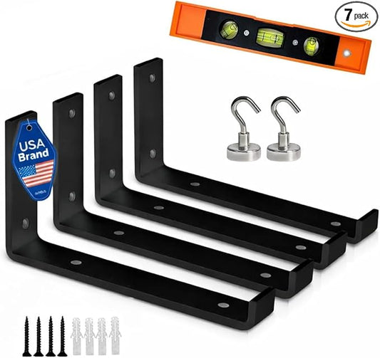 12 Inch Shelf Brackets w/ Level Tool + 2 Magnetic Hooks, Heavy Duty Black Steel L Brackets (4 Pack), 0.2 Inch Thick, Hardware Included, Wall Shelf Brackets