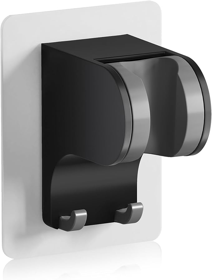 JONKEAN Shower Head Holder Without Drilling, 3m Handheld Shower Head Holder Adhesive, 50°Adjustable Shower Wand Holder Wall Mount, Shower Head Bracket with Hook (Black, 1 Pack)