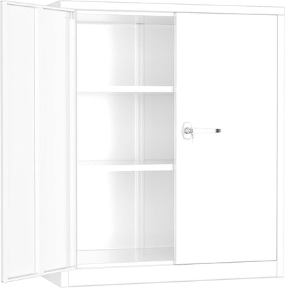 INTERGREAT Metal Garage Storage Cabinet, 36" Locking Counter Cabinet with 2 Locking Doors and 2 Adjustable Shelves, Small Steel Cabinet for for Home Office, Gym, School(White)