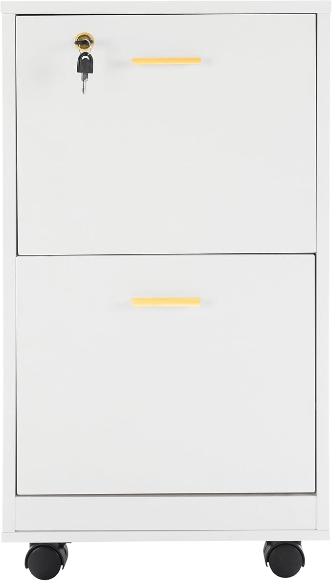 Lavish Home 2 Drawer File Cabinet - Filing Cabinet with Lock - Rolling File Cabinet for Under Desk Storage - Wood Filing Cabinet for Home or Office Organization (White)