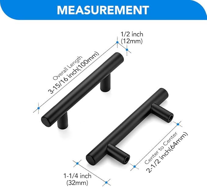 Black Cabinet Handles 2-1/2 Inch Hole Spacing Stainless Steel Drawer Pulls for Cabinets, Dresser, Bathroom 45 Pack