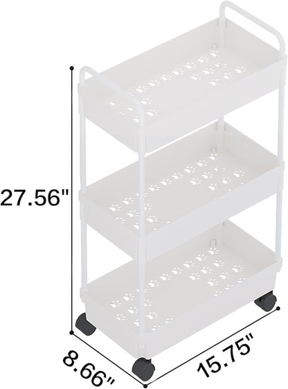 Buzowruil Rolling Storage Cart 3 Tier Organizer Mobile Shelving Unit Storage Rolling Utility Cart with Wheels for Kitchen Bathroom Laundry,White