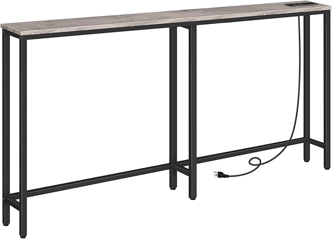 HOOBRO 63" Narrow Console Table with Charging Station, 5.9" Sofa Table with 2 Power Outlets and USB Ports, Long Entryway Tables Behind Couch Table, for Hallway, Livingroom, Greige BG165UXG01