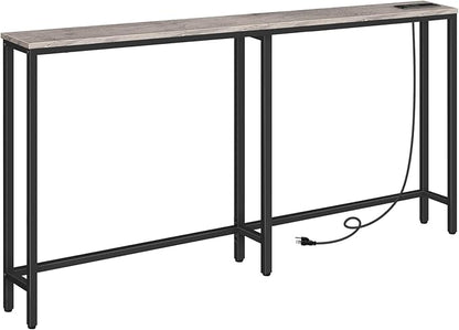 HOOBRO 63" Narrow Console Table with Charging Station, 5.9" Sofa Table with 2 Power Outlets and USB Ports, Long Entryway Tables Behind Couch Table, for Hallway, Livingroom, Greige BG165UXG01