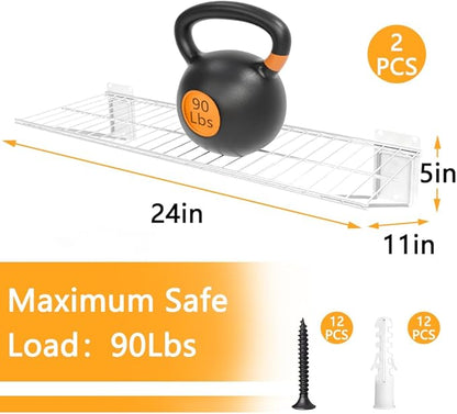 Wall Shelf 24'' x 11'' Garage Wall Mounted Storage Shelves, Heavy Duty Metal Wire Shelving Storage Rack for Garage, Office, Basement and Kithcen, Max Load 90lb, 2-Pack (White)