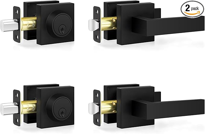 Estmoon Exterior Door Lock Sets, Matte Black Passage Door Handle and Single Cylinder Deadbolt Lock Combo, Modern Square Door Knob with Deadbolt, Keyed Alike Door Lock Sets for Front Door, 2 Pack