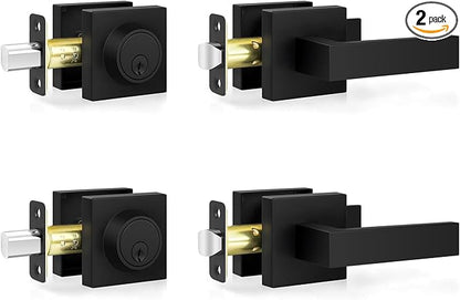 Estmoon Exterior Door Lock Sets, Matte Black Passage Door Handle and Single Cylinder Deadbolt Lock Combo, Modern Square Door Knob with Deadbolt, Keyed Alike Door Lock Sets for Front Door, 2 Pack