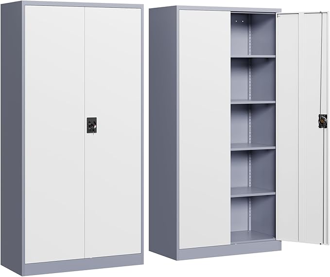 Yizosh Metal Garage Storage Cabinet with Lock, 72" Locking Tool Cabinet with 2 Doors and 4 Shelves for Garage,Office,School (Gray White)