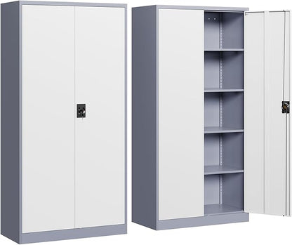 Yizosh Metal Garage Storage Cabinet with Lock, 72" Locking Tool Cabinet with 2 Doors and 4 Shelves for Garage,Office,School (Gray White)