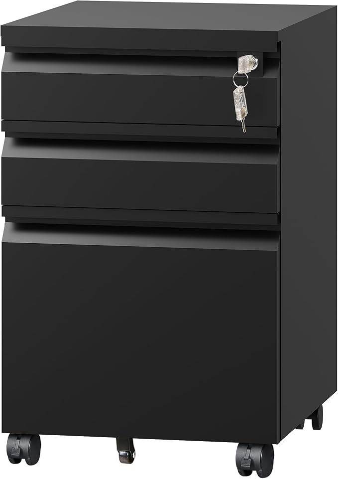 DEVAISE 3 Drawer File Cabinet, Metal Filing Cabinet with Lock, Under Desk Cabinet with Wheels for Home Office, Fits Legal/A4/Letter Size, Black