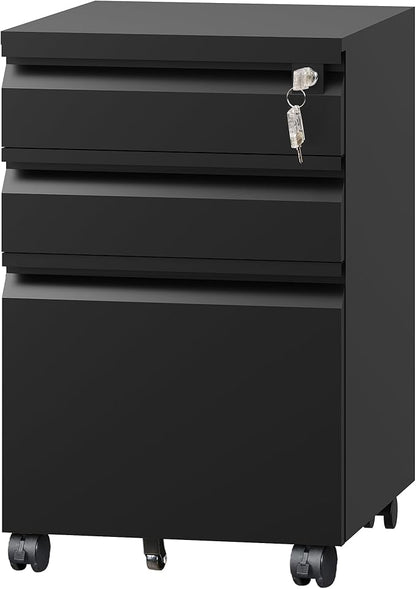 DEVAISE 3 Drawer File Cabinet, Metal Filing Cabinet with Lock, Under Desk Cabinet with Wheels for Home Office, Fits Legal/A4/Letter Size, Black