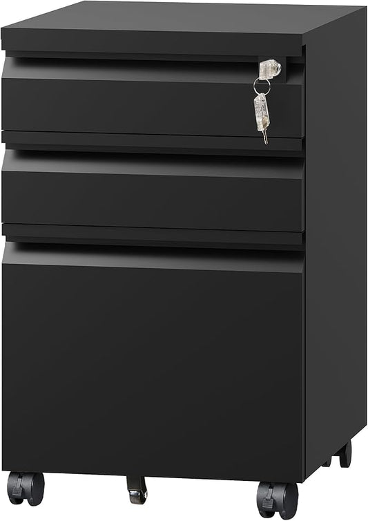 DEVAISE 3 Drawer File Cabinet, Metal Filing Cabinet with Lock, Under Desk Cabinet with Wheels for Home Office, Fits Legal/A4/Letter Size, Black