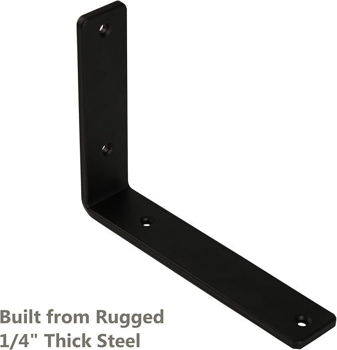 12-Pack 8 Inch Heavy Duty Shelf Brackets, Premium Floating L Bracket for Wall, Kitchen, Mantel Shelves Support | Quarter Inch (1/4") Thick | Black Powder Coated Steel