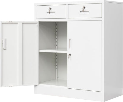 Metal Storage Cabinet, Locking Storage Cabinet with Adjustable Shelf, 36" H Metal Cabinets with 2 Drawers for Office, Garage, Home-White