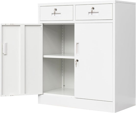 Metal Storage Cabinet, Locking Storage Cabinet with Adjustable Shelf, 36" H Metal Cabinets with 2 Drawers for Office, Garage, Home-White