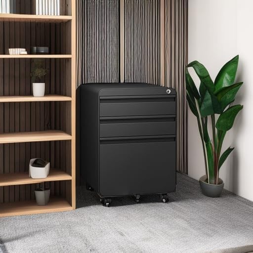 Dripex 3 Drawer File Cabinet, Metal Filing Cabinets with Lock Wheels for Letter/Legal/A4 File, Anti-tilt Under Desk Design, Lockable Rolling Mobile File Cabinet for Home Office (Black)