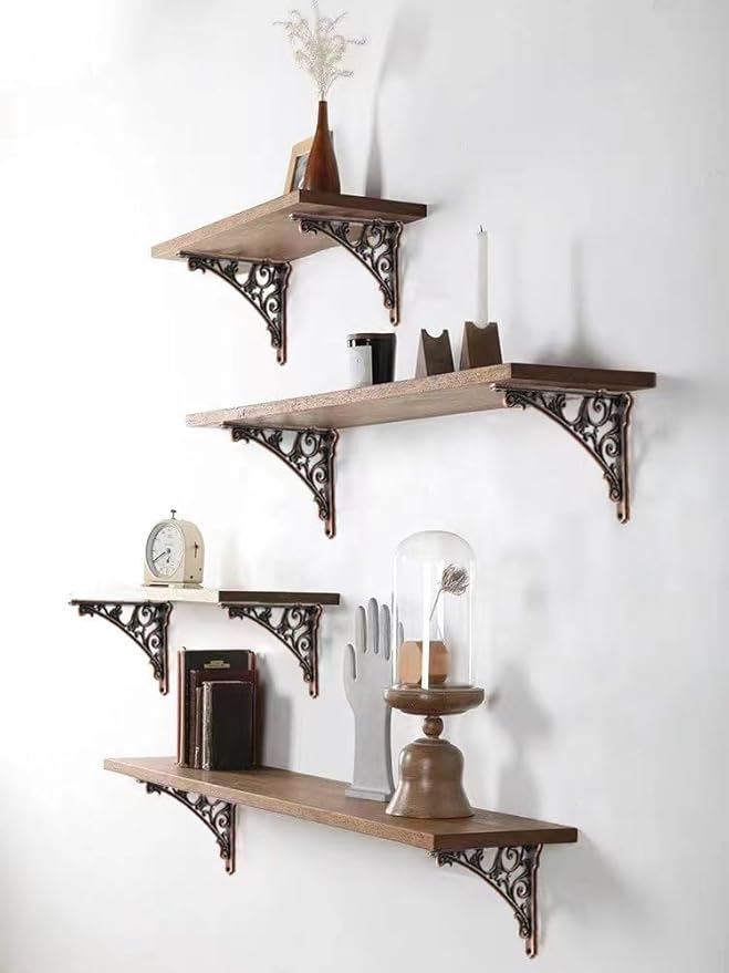 Decorative Shelf Bracket 6 inch, Antique Copper Brackets for Shelving, Heavy Duty Vintage, DIY Projects, Hardware Included, 2 Pack, 5.9x4.17x1.73 inch，Baroque Style