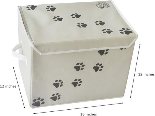 Feline Ruff Large Dog Toys Storage Box. 16" x 12" inch Pet Toy Storage Basket with Lid. Perfect Collapsible Canvas Bin for Cat Toys and Accessories Too! (Tan)