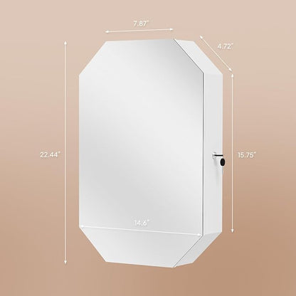 Bonnlo Modern Diamond-Shaped Jewelry Armoire, Lockable Octagonal Jewelry Cabinet Organizer with Mirror, Wall Mounted for Space Saving