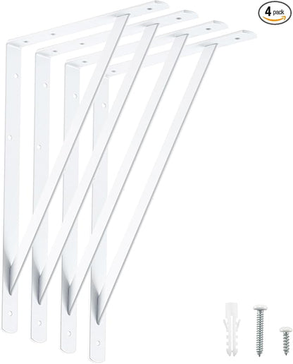 HOME MASTER HARDWARE 16x10 inch Heavy Duty Shelf Brackets, White Metal Wall Mounted Supports for Shelves, L Shaped Shelf Angle Bracket for Floating Shelves, 4 Pack