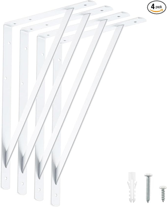 HOME MASTER HARDWARE 16x10 inch Heavy Duty Shelf Brackets, White Metal Wall Mounted Supports for Shelves, L Shaped Shelf Angle Bracket for Floating Shelves, 4 Pack