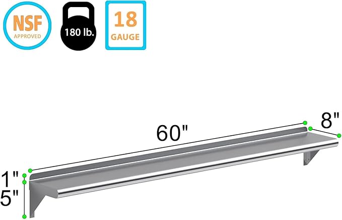 NSF Certified 18 Gauge Heavy Duty Stainless Steel Wall Shelf with Brackets for Kitchens, Utility Rooms, Storage, Offices & Home (60"x8")