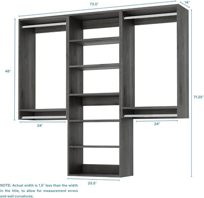 Modular Closets Vista Collection Closet Organizer System - 3 Piece Wall Mounted Kit with Hanging Rods & Shelves, Grey, Fits Closets 75” or wider