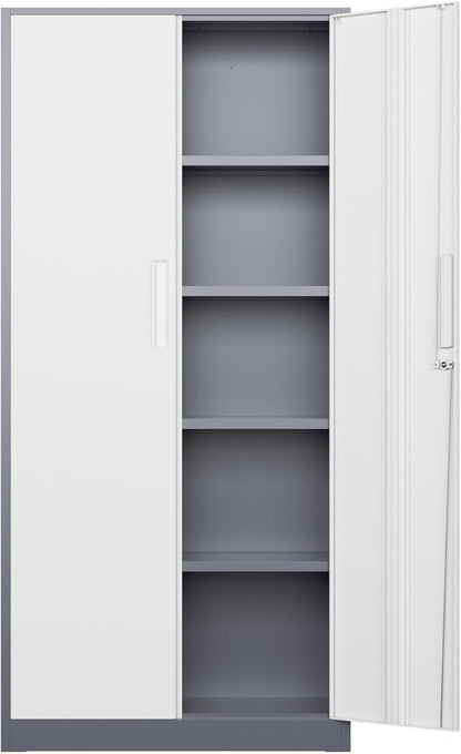Bonusall 72" Metal Garage Storage Cabinet, 2 Locking Doors & 4 Adjustable Shelves Tall Storage, Heavy Duty Steel Tool Cabinet for Home, Office, Warehouse, School (White Grey)