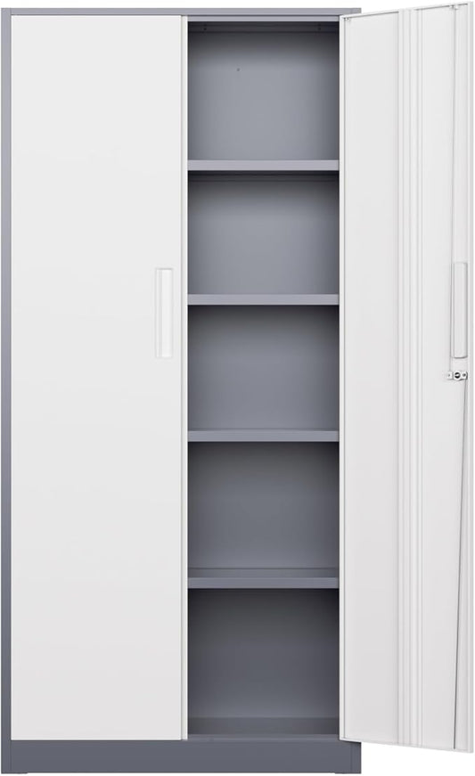 Bonusall 72" Metal Garage Storage Cabinet, 2 Locking Doors & 4 Adjustable Shelves Tall Storage, Heavy Duty Steel Tool Cabinet for Home, Office, Warehouse, School (White Grey)