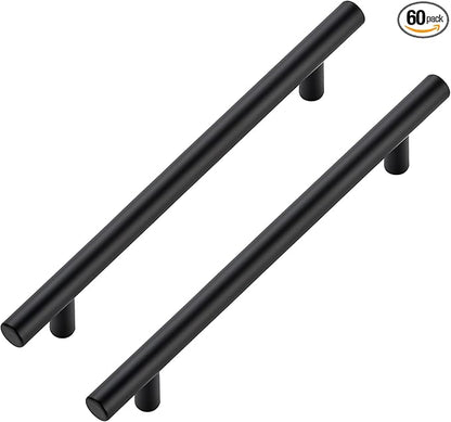 JOY DECOR 60 Pack Cabinet Handles, Black Cabinet Pulls, 6-1/4 in Hole Center Kitchen Hardware, Stainless Steel T Bar Handles for Dresser Drawers