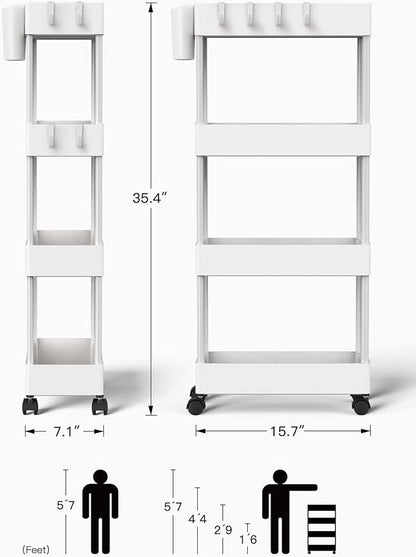 Pipishell Slim Storage Cart with Wheels, 4 Tier Bathroom Storage Organizer Rolling Utility Cart for Bathroom Kitchen Laundry Room Office Narrow Place (White)