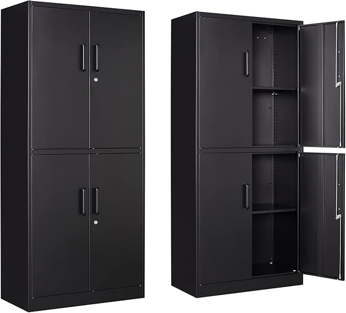 Metal Storage Locking Cabinet, 71" Tall Metal Cabinet with 4 Doors and 2 Adjustable Shelves, Locking Steel Cabinet for Home, School, Office, Gym, Garage Storage (Black)