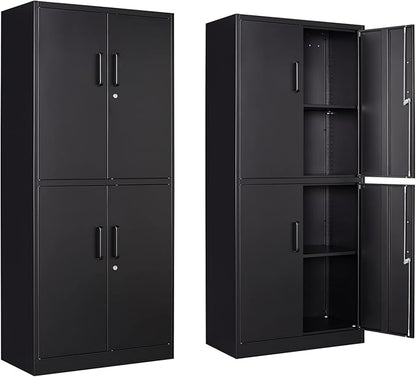 Metal Storage Locking Cabinet, 71" Tall Metal Cabinet with 4 Doors and 2 Adjustable Shelves, Locking Steel Cabinet for Home, School, Office, Gym, Garage Storage (Black)