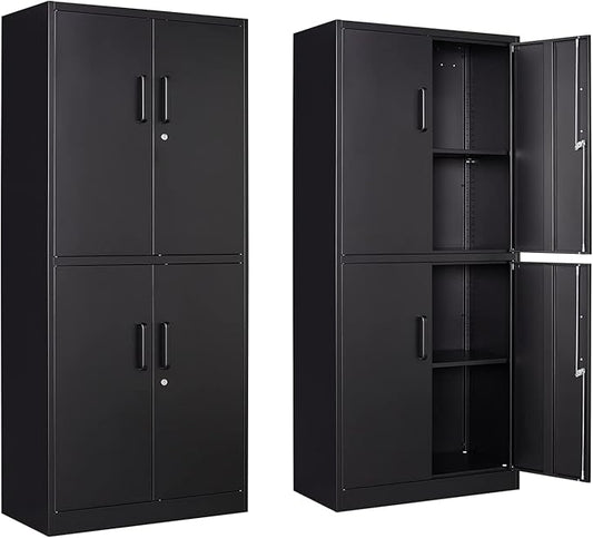 Metal Storage Locking Cabinet, 71" Tall Metal Cabinet with 4 Doors and 2 Adjustable Shelves, Locking Steel Cabinet for Home, School, Office, Gym, Garage Storage (Black)