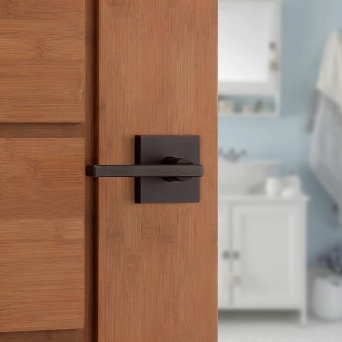 Kwikset Halifax Interior Privacy Door Handle with Lock, Door Lever For Bathroom and Bedroom, Venetian Bronze Reversible Keyless Push Button Lock Door Lever, with Microban Protection, Square Rose