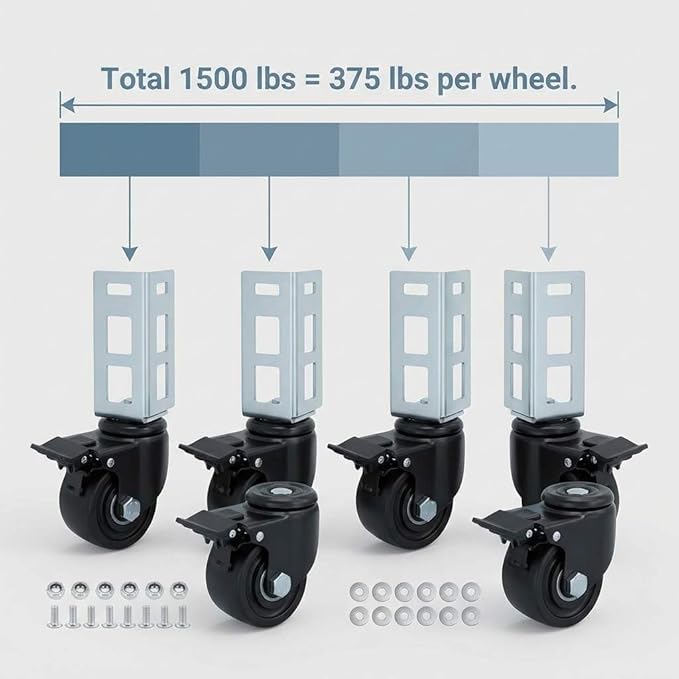QWORK 3" PU Caster Wheels for 2"x2" Boltless Shelving Racks – 4 Pack 1500 lbs Load, Heavy Duty Mobility Set for Garage, Storage, Workshop