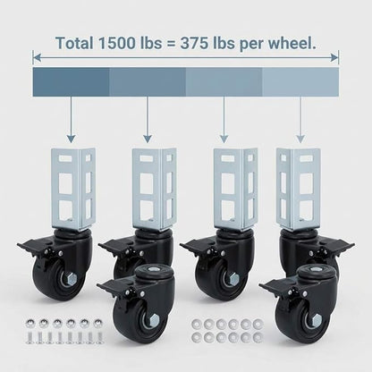 QWORK 3" PU Caster Wheels for 2"x2" Boltless Shelving Racks – 4 Pack 1500 lbs Load, Heavy Duty Mobility Set for Garage, Storage, Workshop