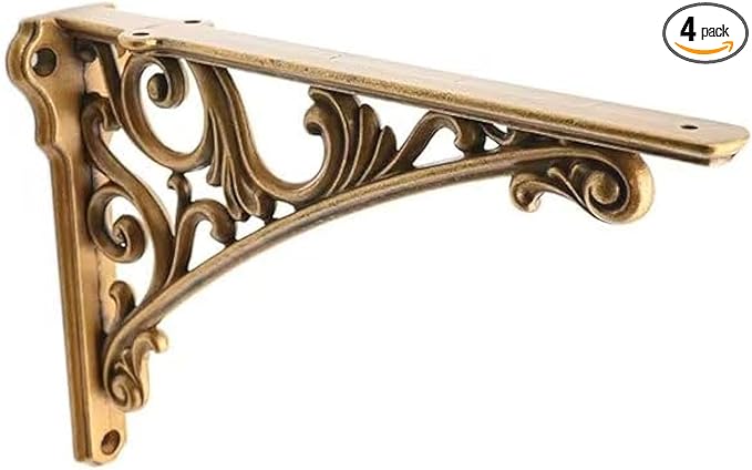 Decorative Shelf Bracket 10 inch, Antique Brass Shelf Brackets for Shelving, Heavy Duty Vintage, DIY Projects, Hardware Included, 4 Pack, 9.84x7x1.73 inch,Baroque Style