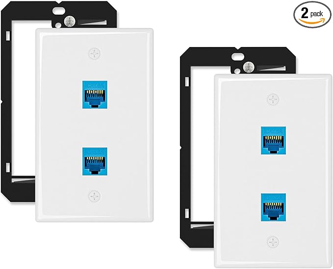 Iwillink 10Gbps Ethernet Wall Plate CAT6A, 2-Port Keystone Wall Plate and Jack Outlet, RJ45 Wall Plates with Single Gang Low Voltage Mounting Bracket - 2 Pack
